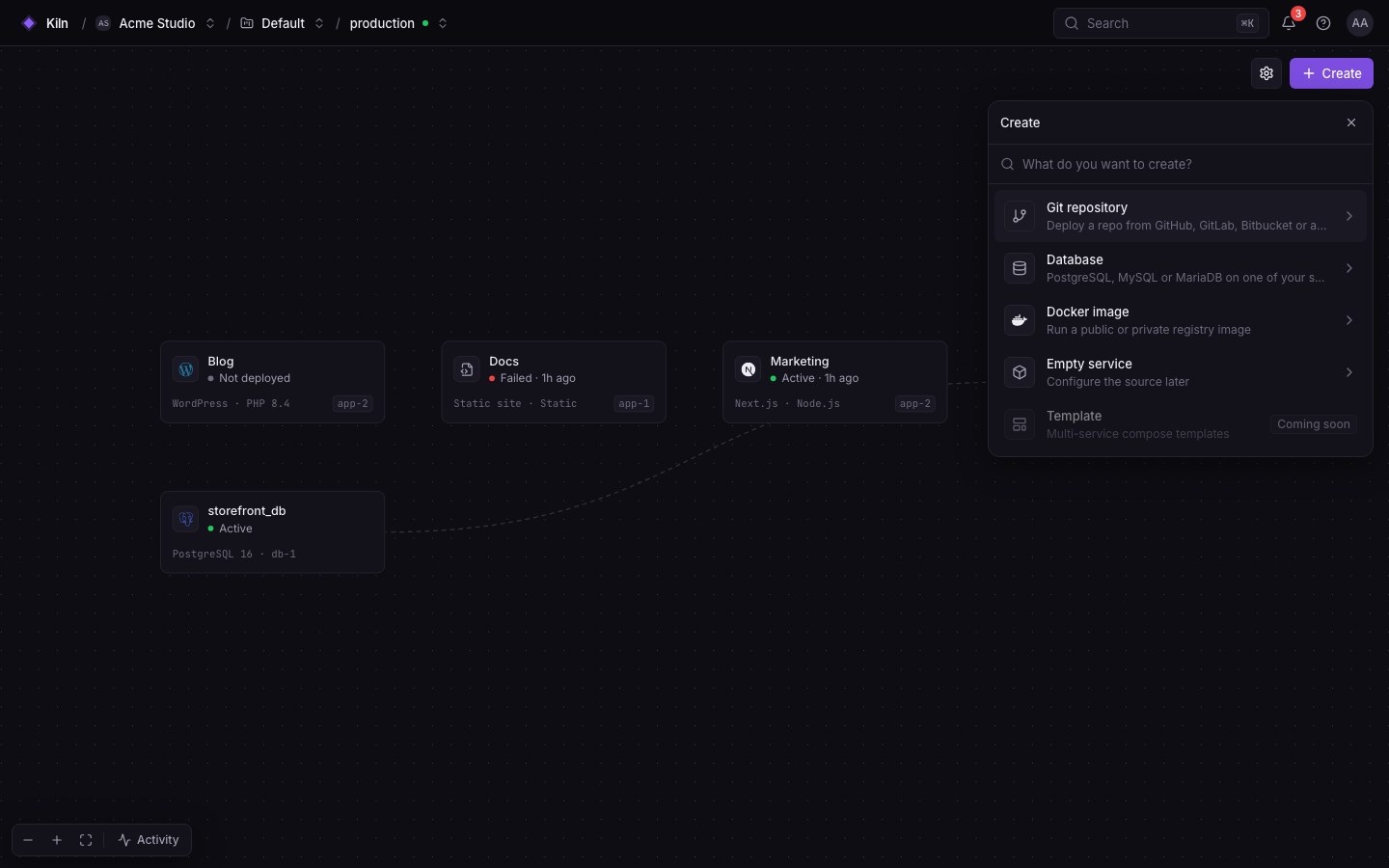 The Falak create picker: git repository, database, Docker image, empty service or template