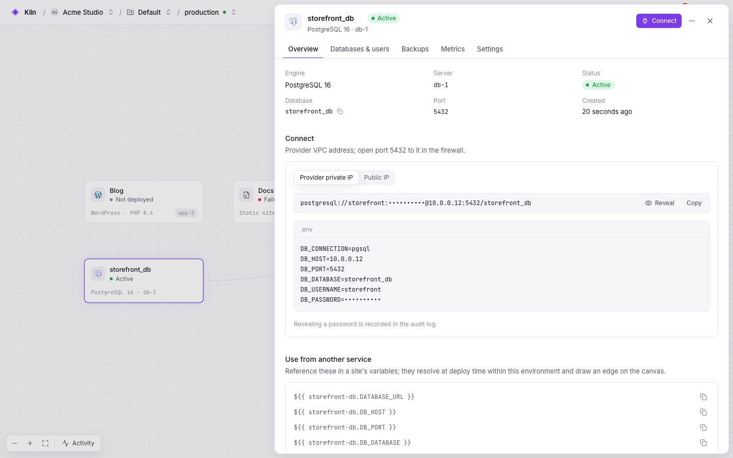 A PostgreSQL service in Falak with connection details and variable references