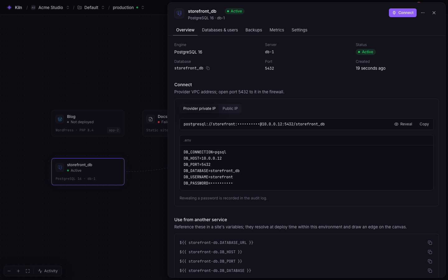 A PostgreSQL service in Falak with connection details and variable references