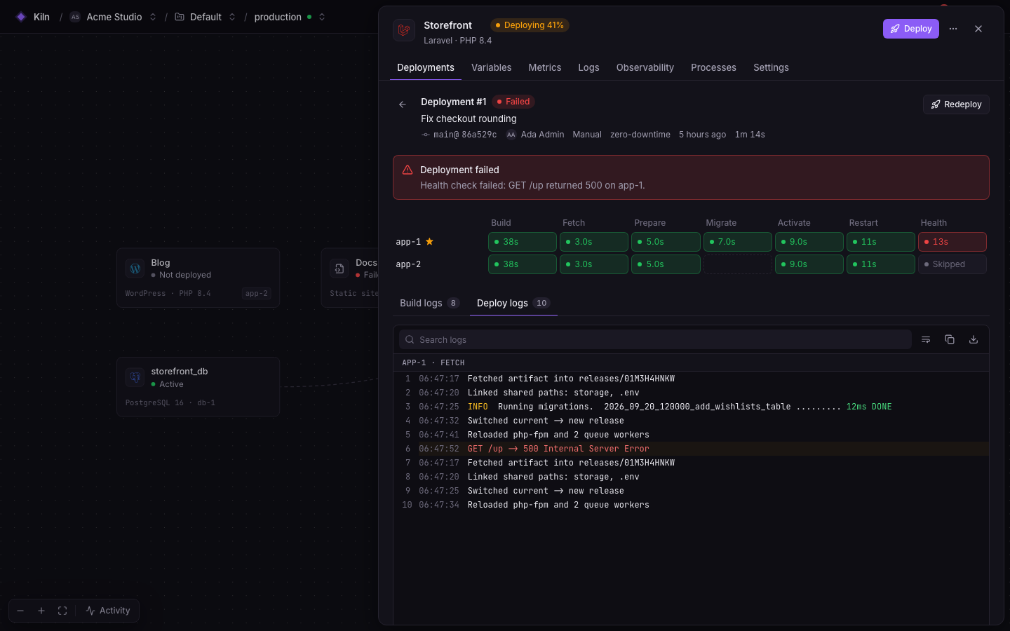 A Falak deployment with its per-server phase timeline and deploy logs