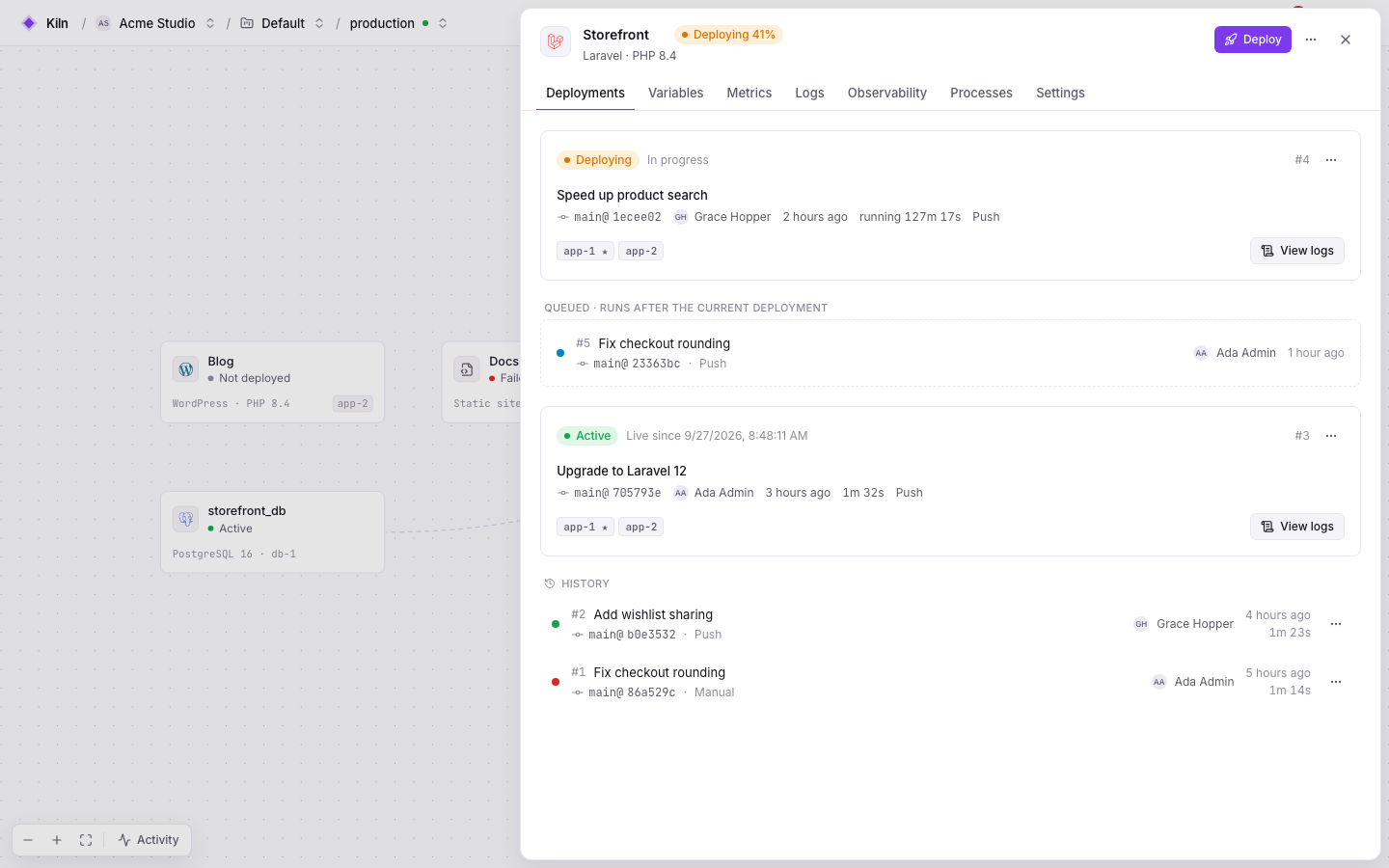 Falak project canvas with the Storefront service panel open on its deployments