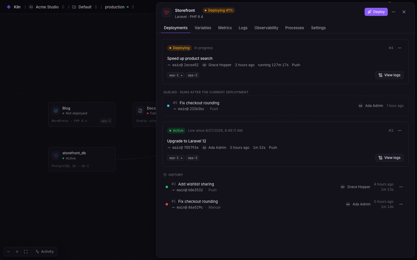 Falak project canvas with the Storefront service panel open on its deployments